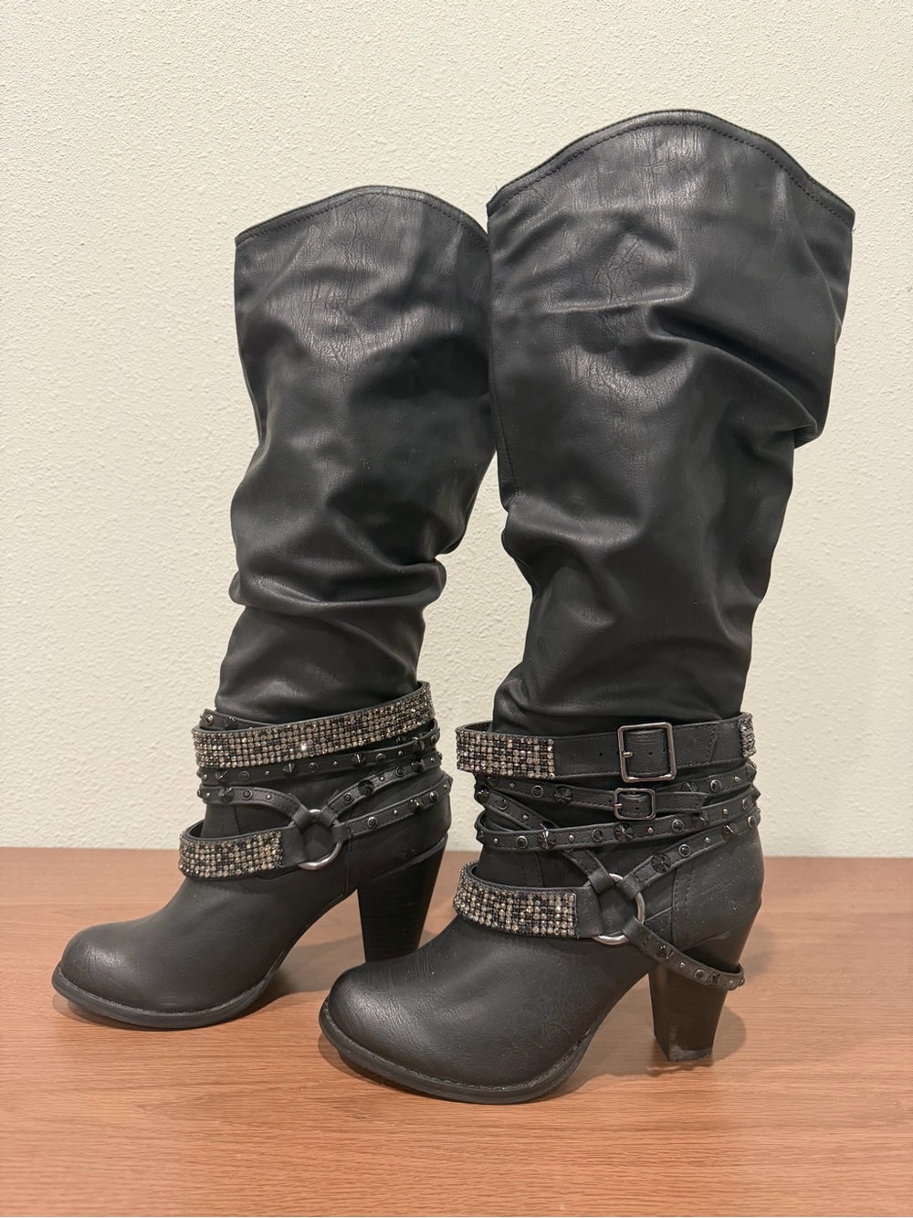 Not Rated Swagatta Black Rhinestone Studded Slouch Knee-High Boots – Size 8